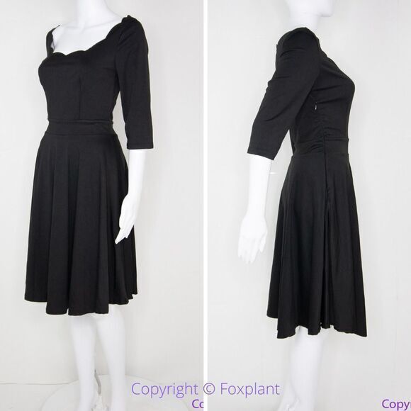 NEW Meaneor black fit and flare midi‎ dress scoop scallop neckline, S - Picture 2 of 16